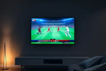 alt_text: A modern living room at night, illuminated by a TV broadcasting a vibrant Champions League match between Bayern Munich and Real Madrid.