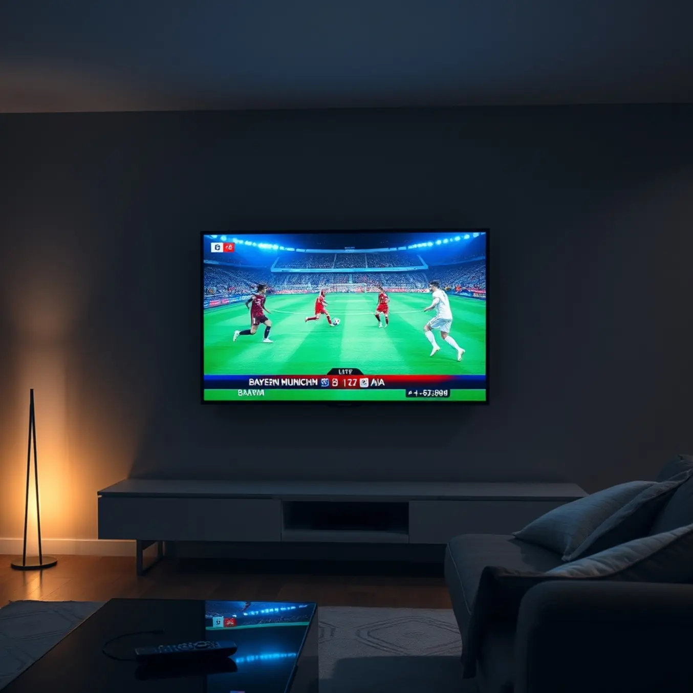 alt_text: A modern living room at night, illuminated by a TV broadcasting a vibrant Champions League match between Bayern Munich and Real Madrid.