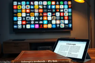 A modern German living room at dusk. An open law book and a tablet sit near a TV displaying IPTV app icons.