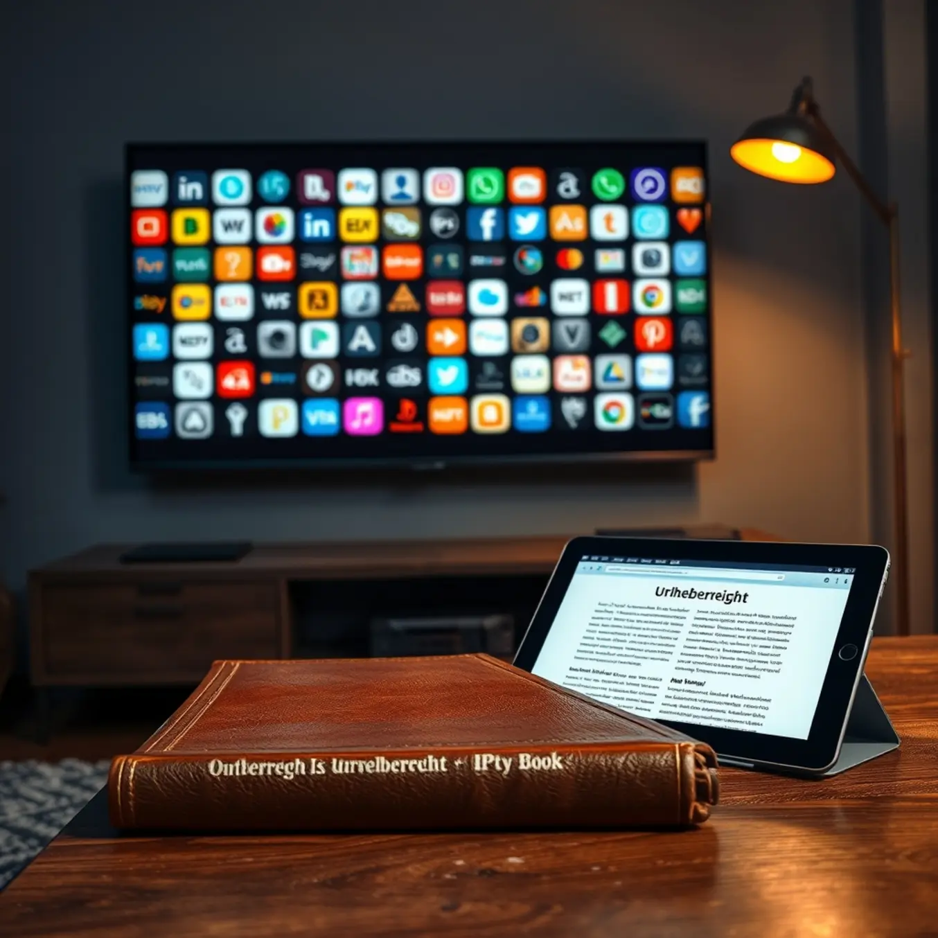 A modern German living room at dusk. An open law book and a tablet sit near a TV displaying IPTV app icons.