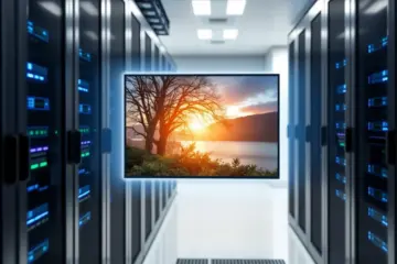 A sleek server rack streams a nature documentary, symbolizing stable, high-definition IPTV service.