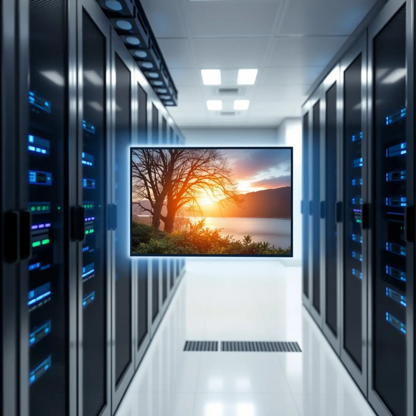 A sleek server rack streams a nature documentary, symbolizing stable, high-definition IPTV service.