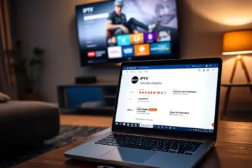 A person researches German IPTV service reviews on a laptop while the service plays on the TV in a cozy living room.