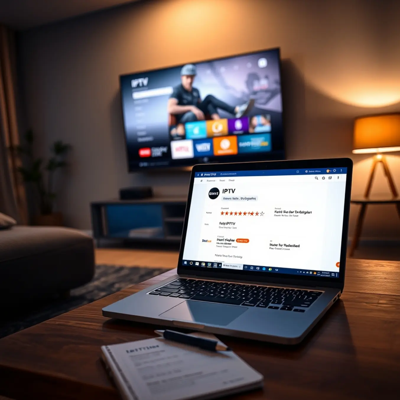 A person researches German IPTV service reviews on a laptop while the service plays on the TV in a cozy living room.