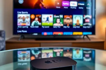 alt_text: A sleek Apple TV remote on a glass table, with a vibrant TV displaying an IPTV menu in a modern living room.