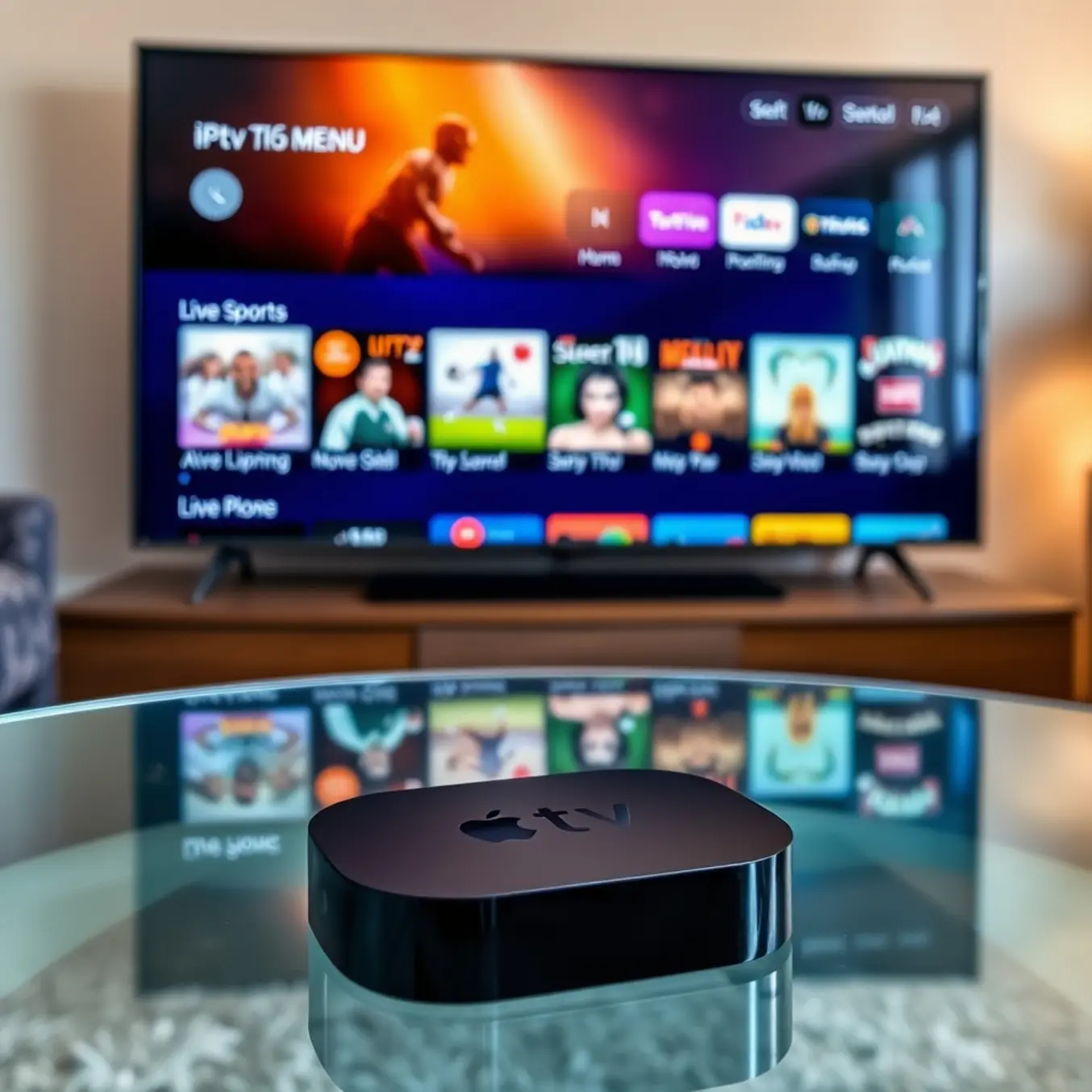 alt_text: A sleek Apple TV remote on a glass table, with a vibrant TV displaying an IPTV menu in a modern living room.
