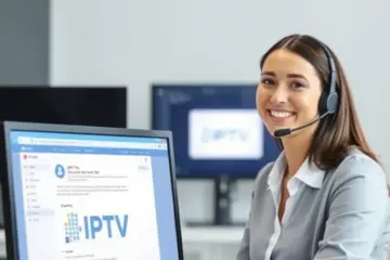 A friendly support agent assists a customer via email for a modern IPTV service.