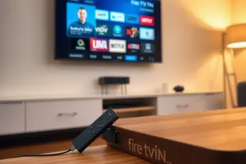 A modern living room featuring a Fire TV Stick and its remote, with an IPTV menu glowing on the wall-mounted television.
