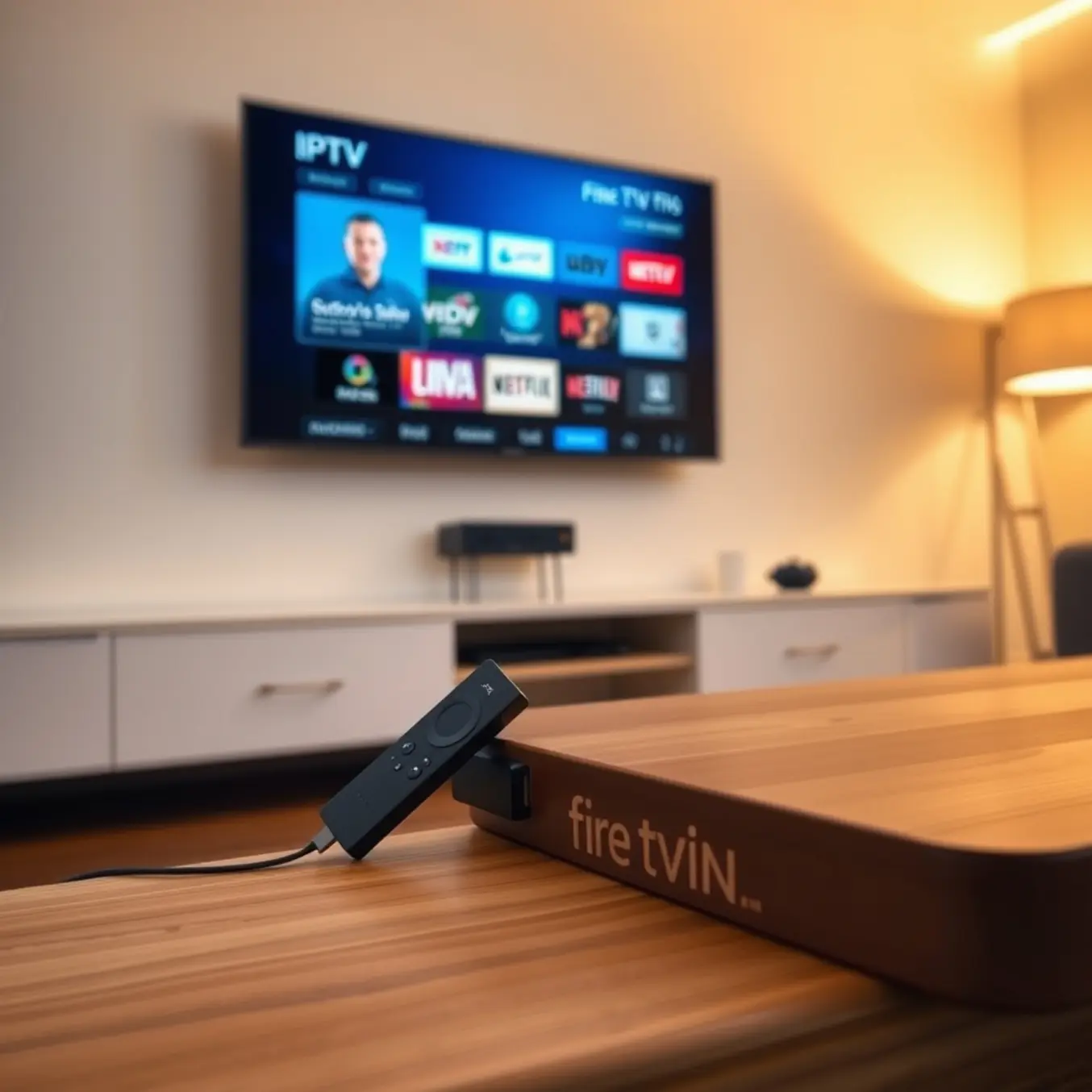 A modern living room featuring a Fire TV Stick and its remote, with an IPTV menu glowing on the wall-mounted television.