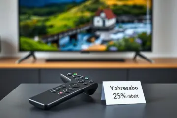 Premium home entertainment setup with a 4K nature documentary and a subscription discount card.