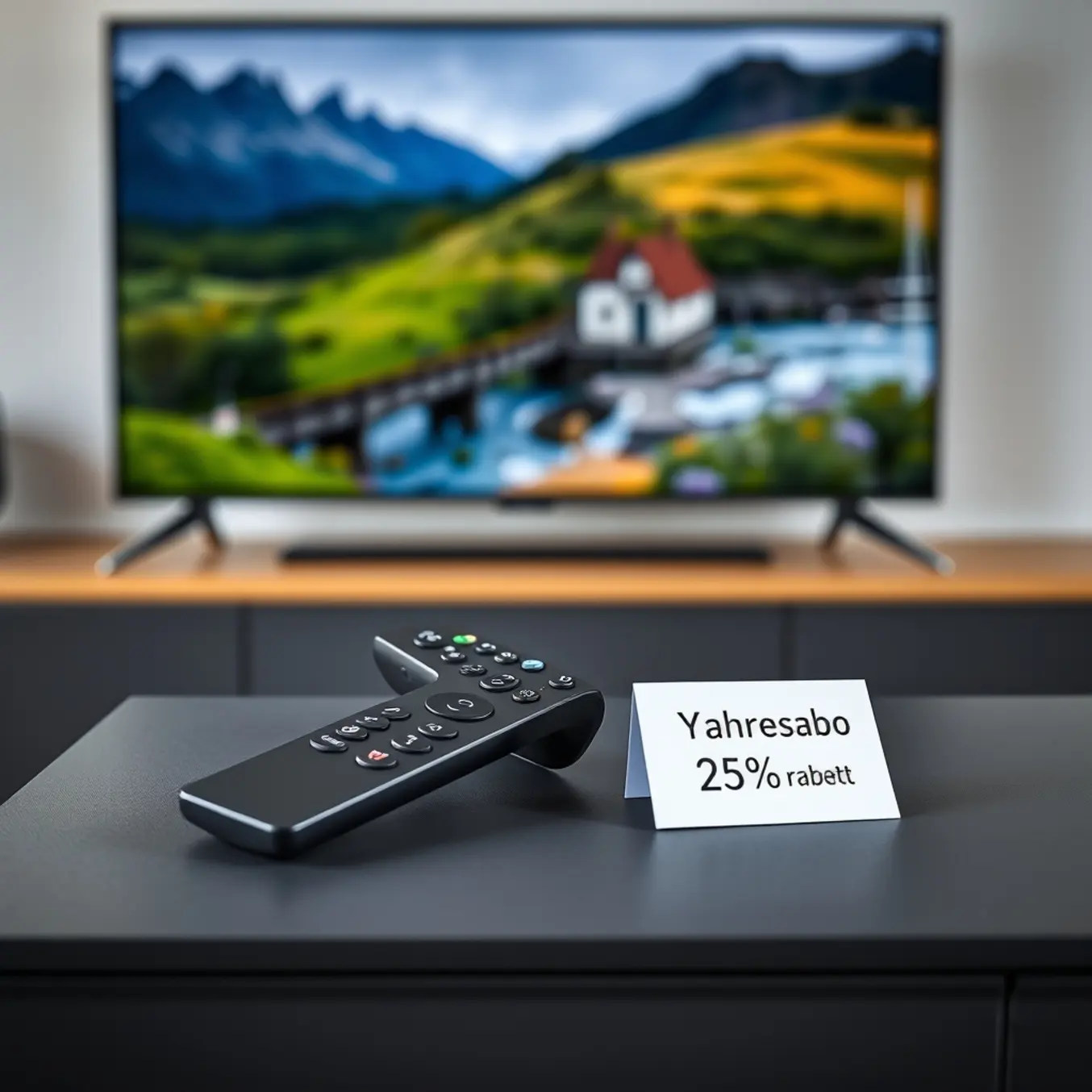 Premium home entertainment setup with a 4K nature documentary and a subscription discount card.