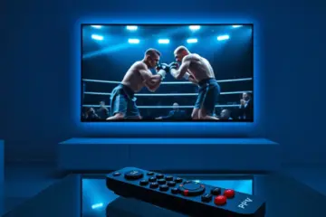 A sleek, modern living room at night, focused on a dramatic PPV boxing match glowing on a large, minimalist television.