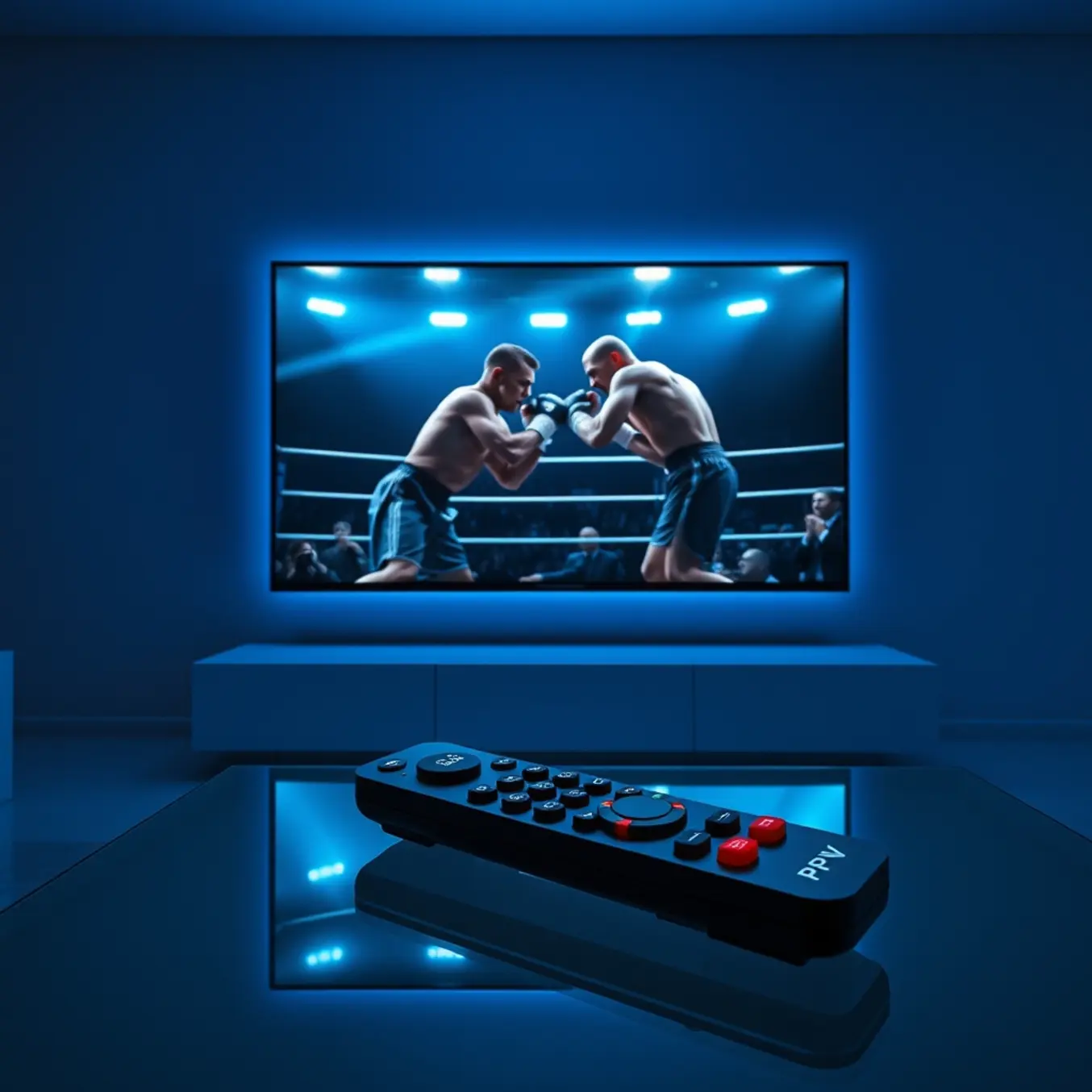 A sleek, modern living room at night, focused on a dramatic PPV boxing match glowing on a large, minimalist television.