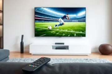 A sleek remote on a modern sofa before a sharp, high-definition sports broadcast.