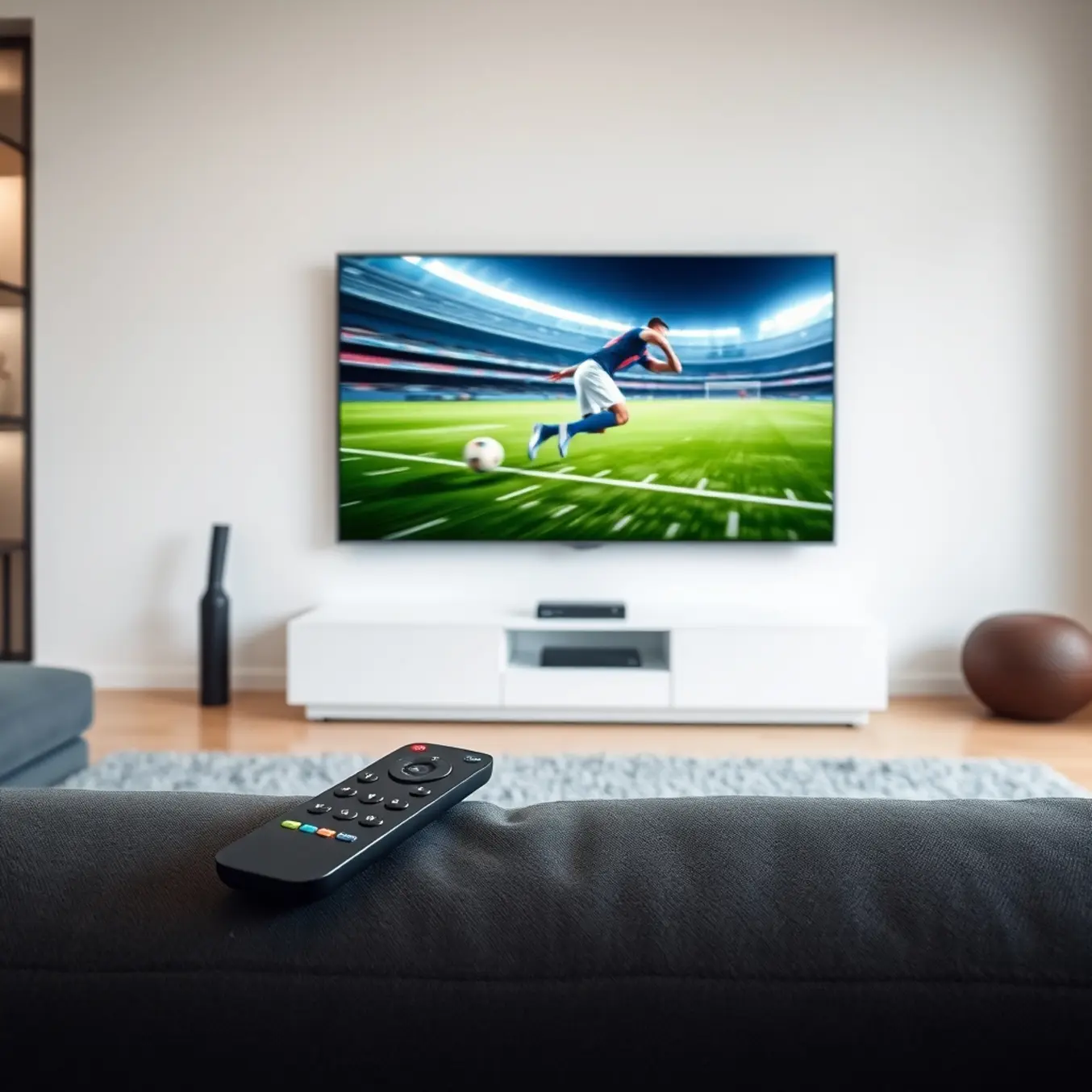 A sleek remote on a modern sofa before a sharp, high-definition sports broadcast.