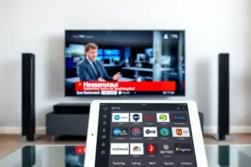 A modern living room with a German regional news program on the TV and an IPTV app on a tablet.