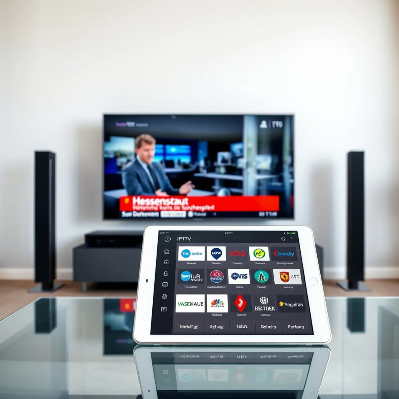 A modern living room with a German regional news program on the TV and an IPTV app on a tablet.