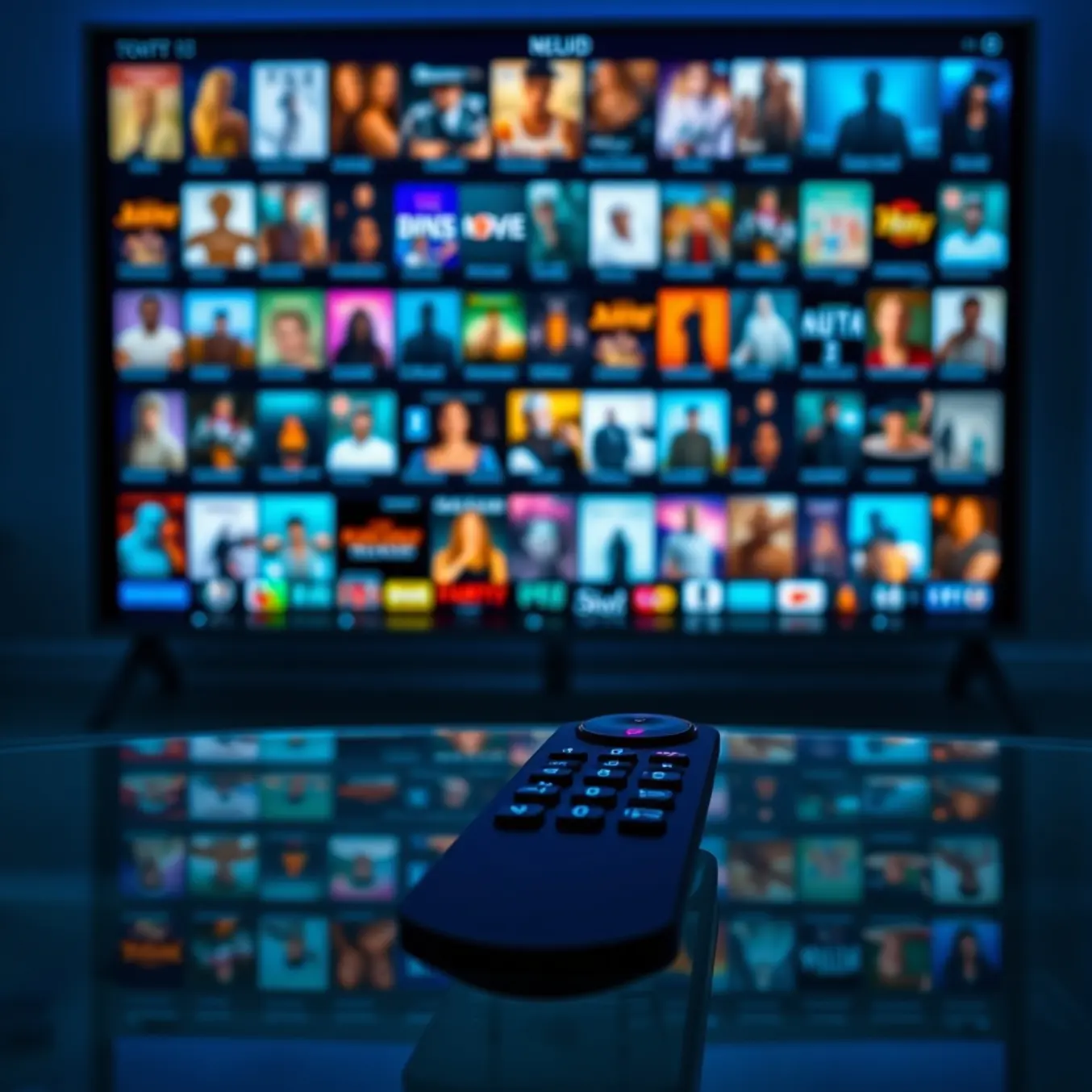 A sleek remote on a glass table before a vibrant grid of streaming thumbnails.