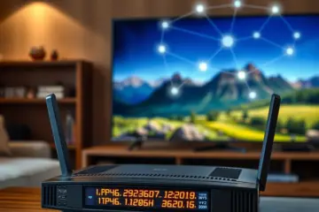 A modern router with glowing IPv6 addresses sits before a UHD nature documentary, a network hologram in the background.