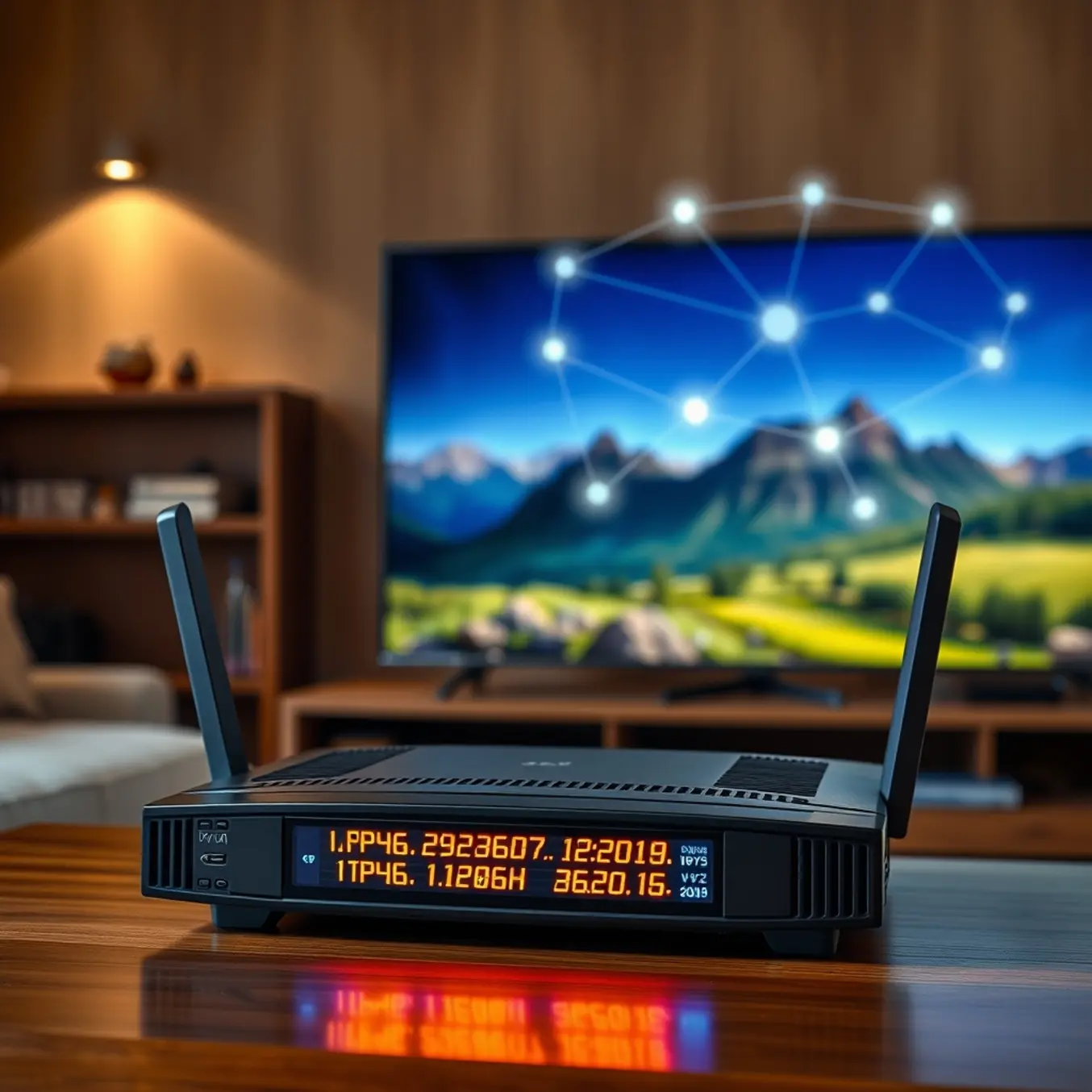A modern router with glowing IPv6 addresses sits before a UHD nature documentary, a network hologram in the background.