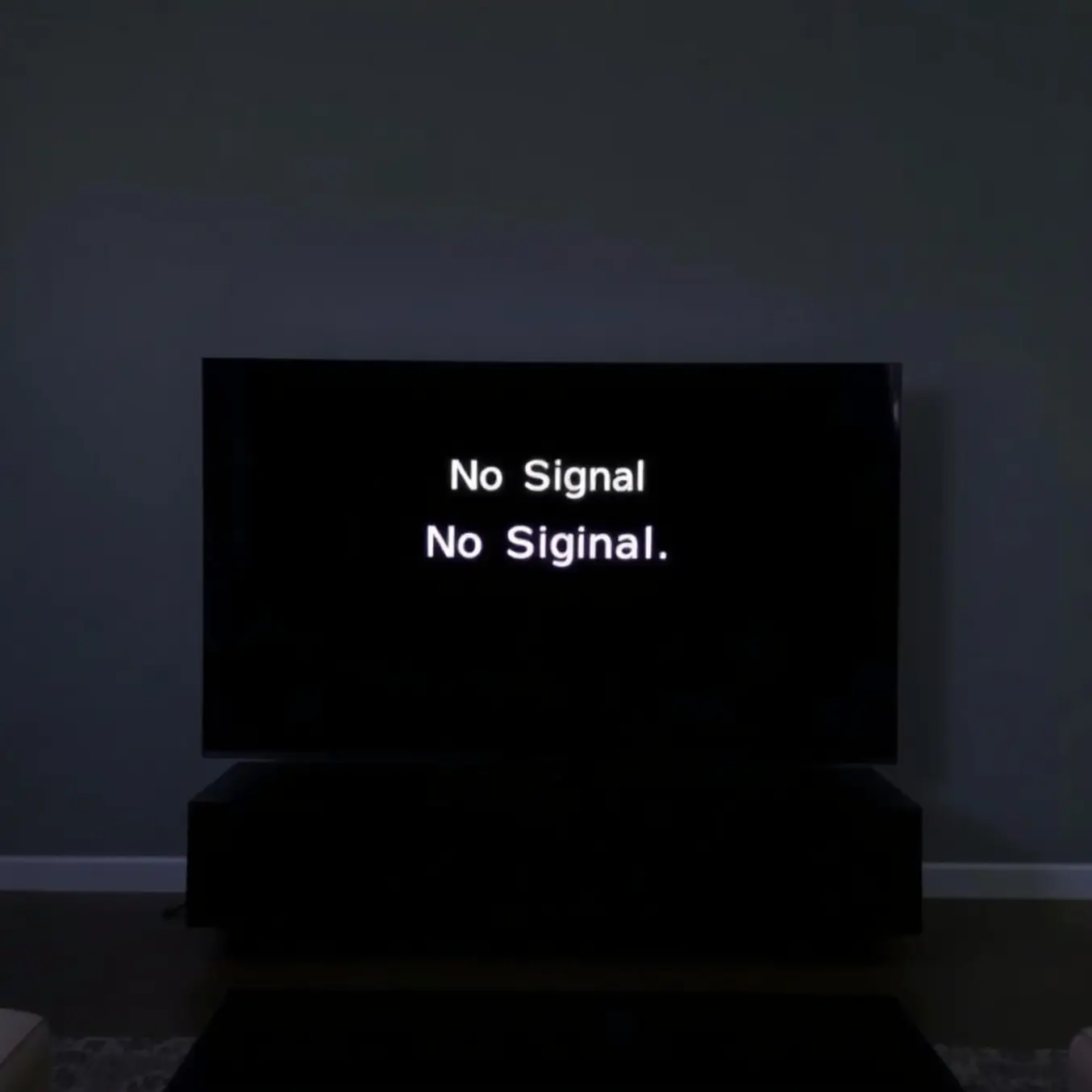 A dark TV displays "No Signal," reflecting a frustrated person in a dim living room.