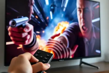 TV displaying action scene with lip-sync lag, a hand holding a remote in the foreground.