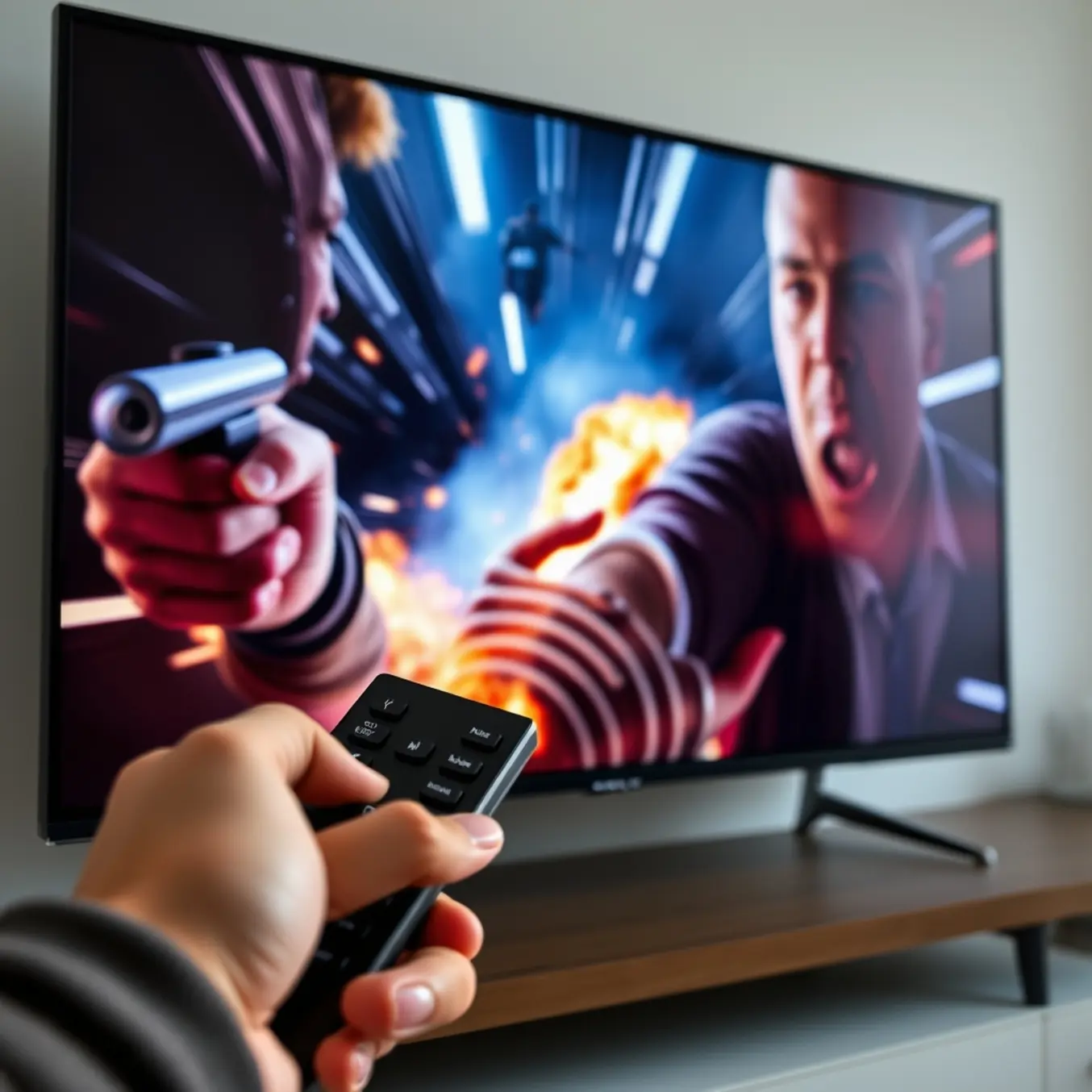 TV displaying action scene with lip-sync lag, a hand holding a remote in the foreground.
