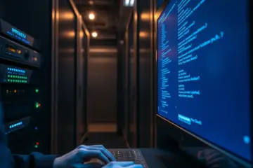 A network administrator updates IPTV playlists on a server in a cool, blue-lit data center.