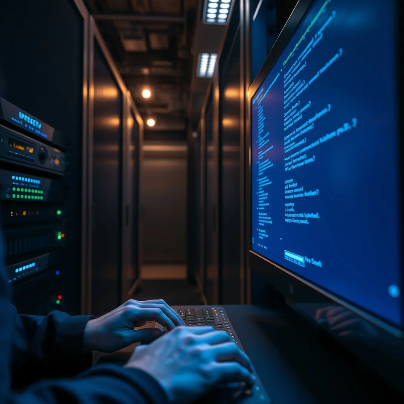 A network administrator updates IPTV playlists on a server in a cool, blue-lit data center.