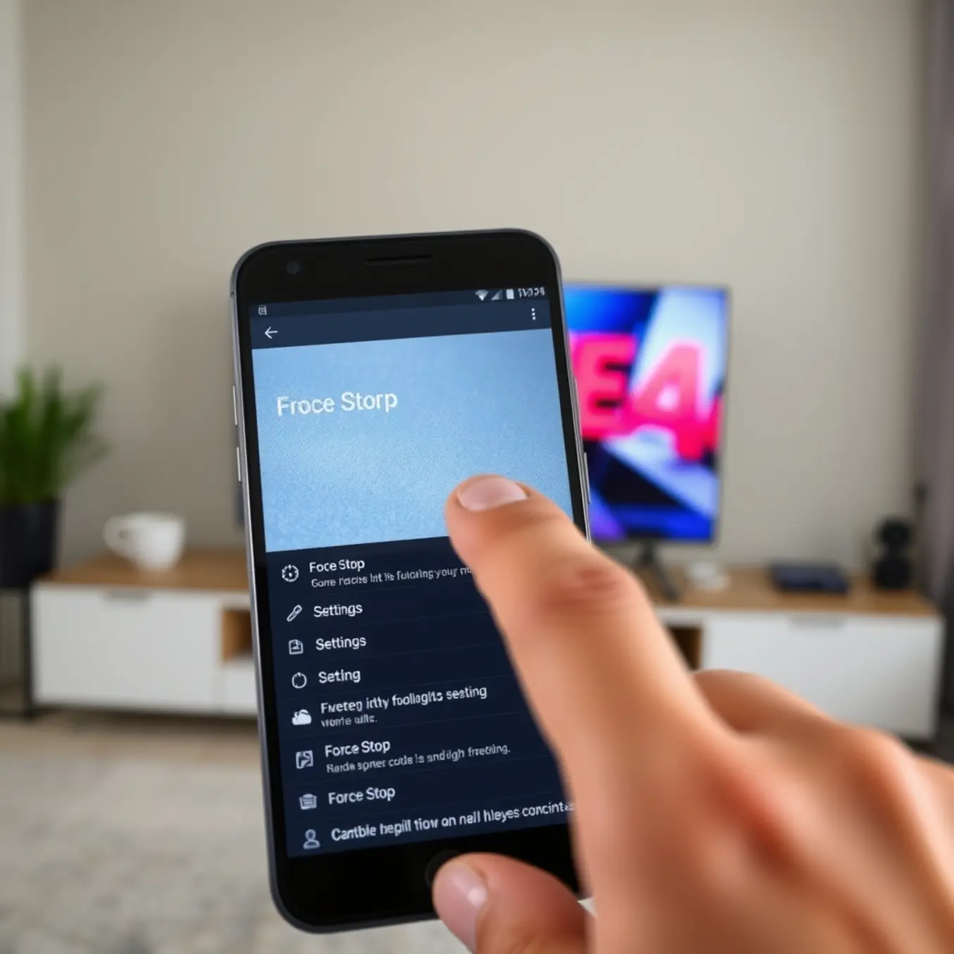 A user troubleshooting a frozen streaming app on their phone, about to force stop it.