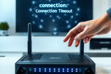 A hand restarts a glowing router to fix a "Connection Timeout" error on a large TV screen.