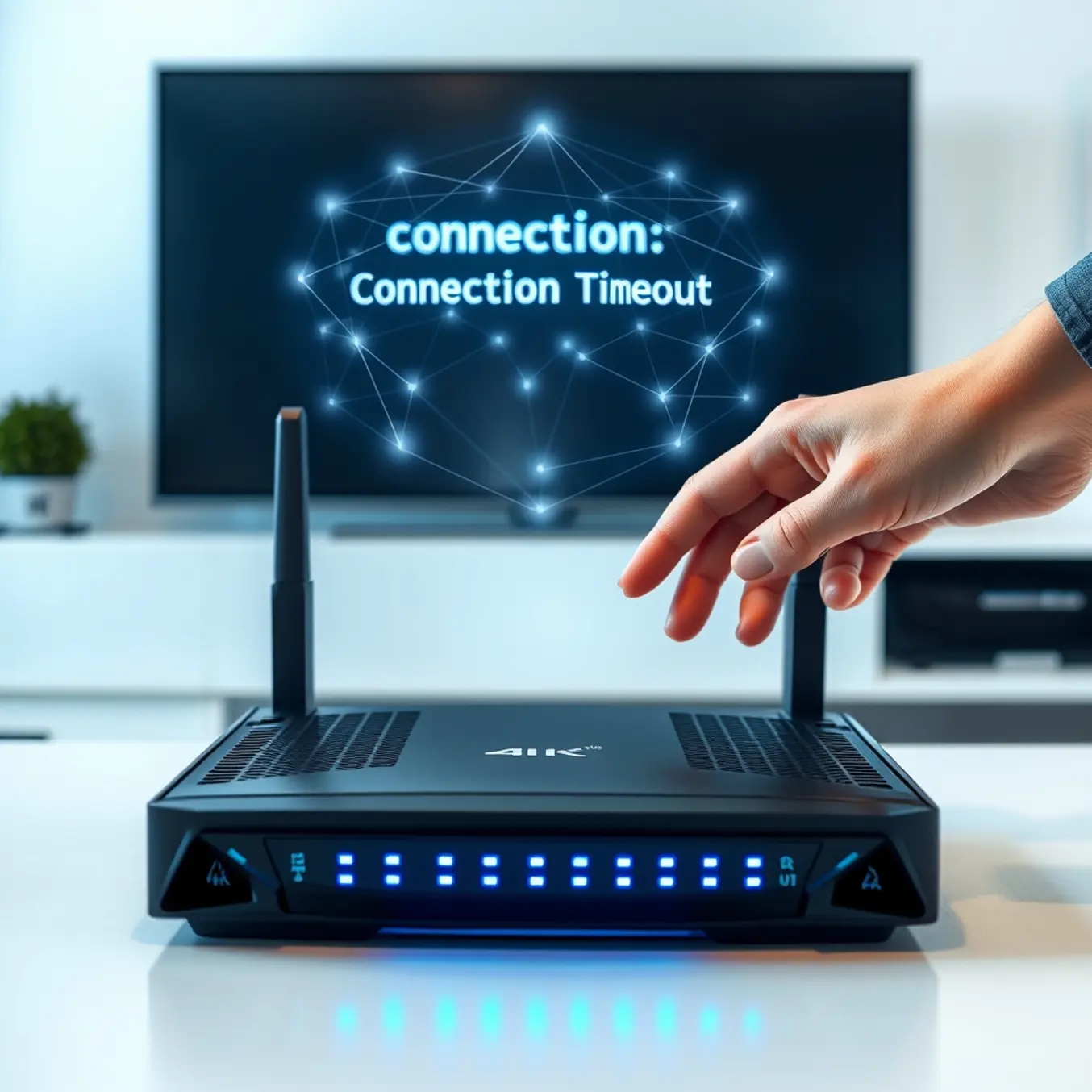 A hand restarts a glowing router to fix a "Connection Timeout" error on a large TV screen.