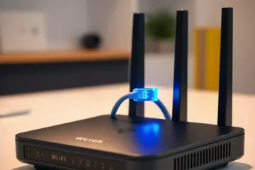 A sleek black Wi-Fi router with a glowing blue ethernet cable on a modern desk.