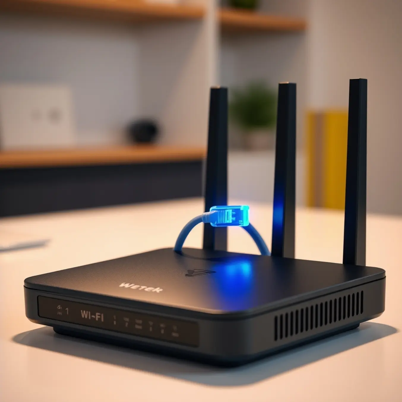 A sleek black Wi-Fi router with a glowing blue ethernet cable on a modern desk.