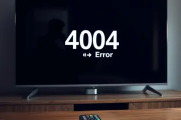 A modern TV displays a 404 error, reflecting a frustrated user with a discarded remote on a table.