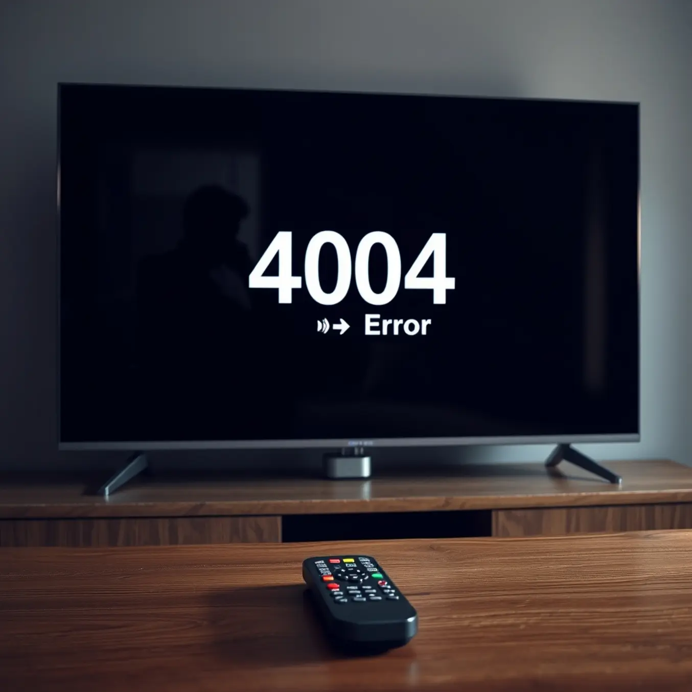 A modern TV displays a 404 error, reflecting a frustrated user with a discarded remote on a table.