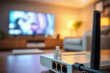 A modern Wi-Fi router emits shimmering signal waves as a cable is plugged in, establishing a stable connection in a warm living room.