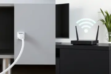 A split image comparing a wired Ethernet connection to a wireless Wi-Fi setup for a modern TV, emphasizing reliability.