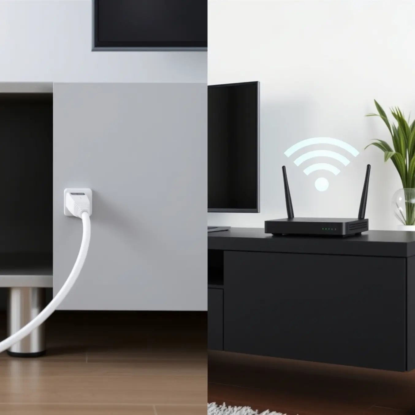 A split image comparing a wired Ethernet connection to a wireless Wi-Fi setup for a modern TV, emphasizing reliability.