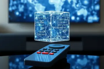 Futuristic glowing data cube floats above a media remote, symbolizing advanced streaming technology.