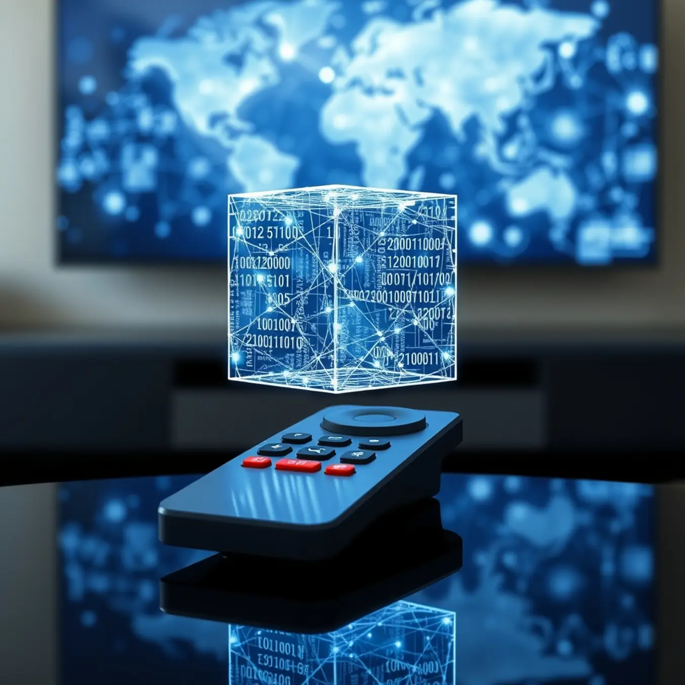 Futuristic glowing data cube floats above a media remote, symbolizing advanced streaming technology.