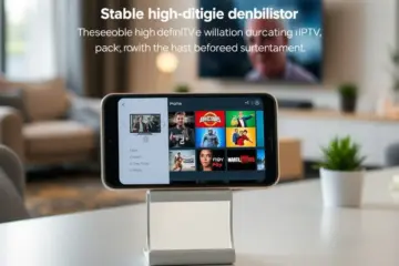 A smartphone on a modern desk, displaying a stable, high-definition IPTV streaming service.