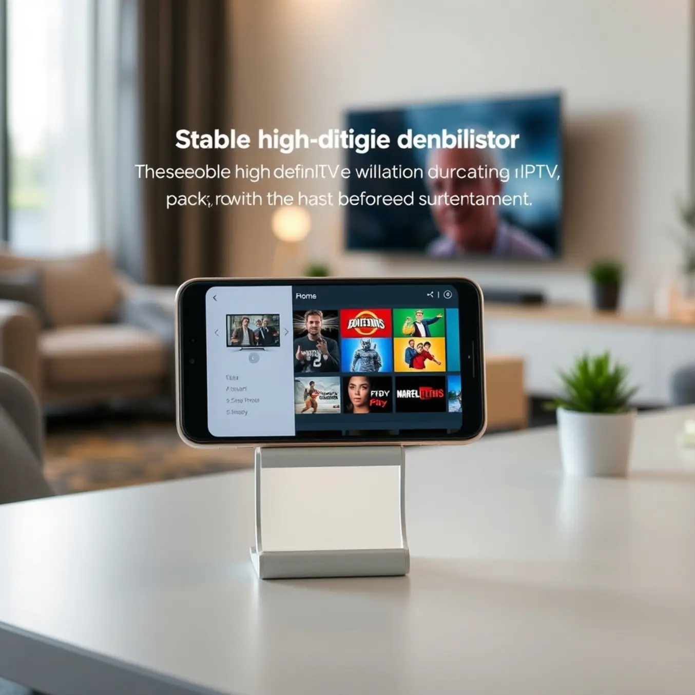 A smartphone on a modern desk, displaying a stable, high-definition IPTV streaming service.