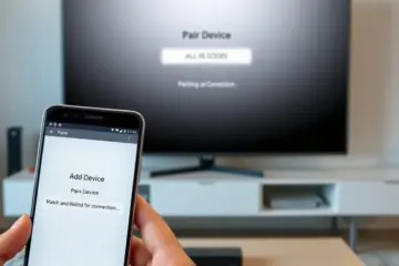 Person pairing smartphone to smart TV using an IPTV app, showing on-screen connection code.
