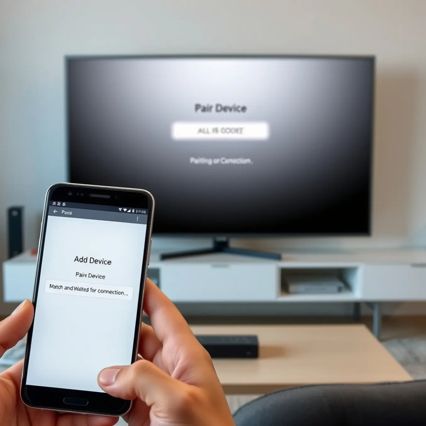 Person pairing smartphone to smart TV using an IPTV app, showing on-screen connection code.