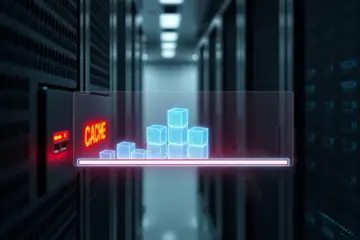 A server rack's "CACHE" device actively deletes a stack of glowing blue data packets.