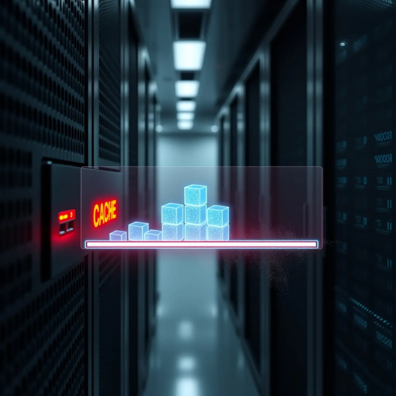 A server rack's "CACHE" device actively deletes a stack of glowing blue data packets.