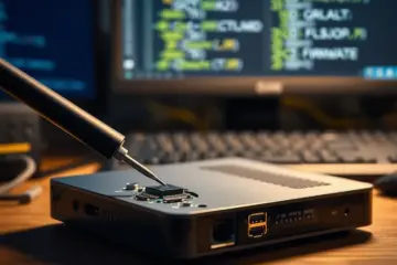 A technician accessing a microchip on an exposed IPTV set-top box's circuit board during firmware work.