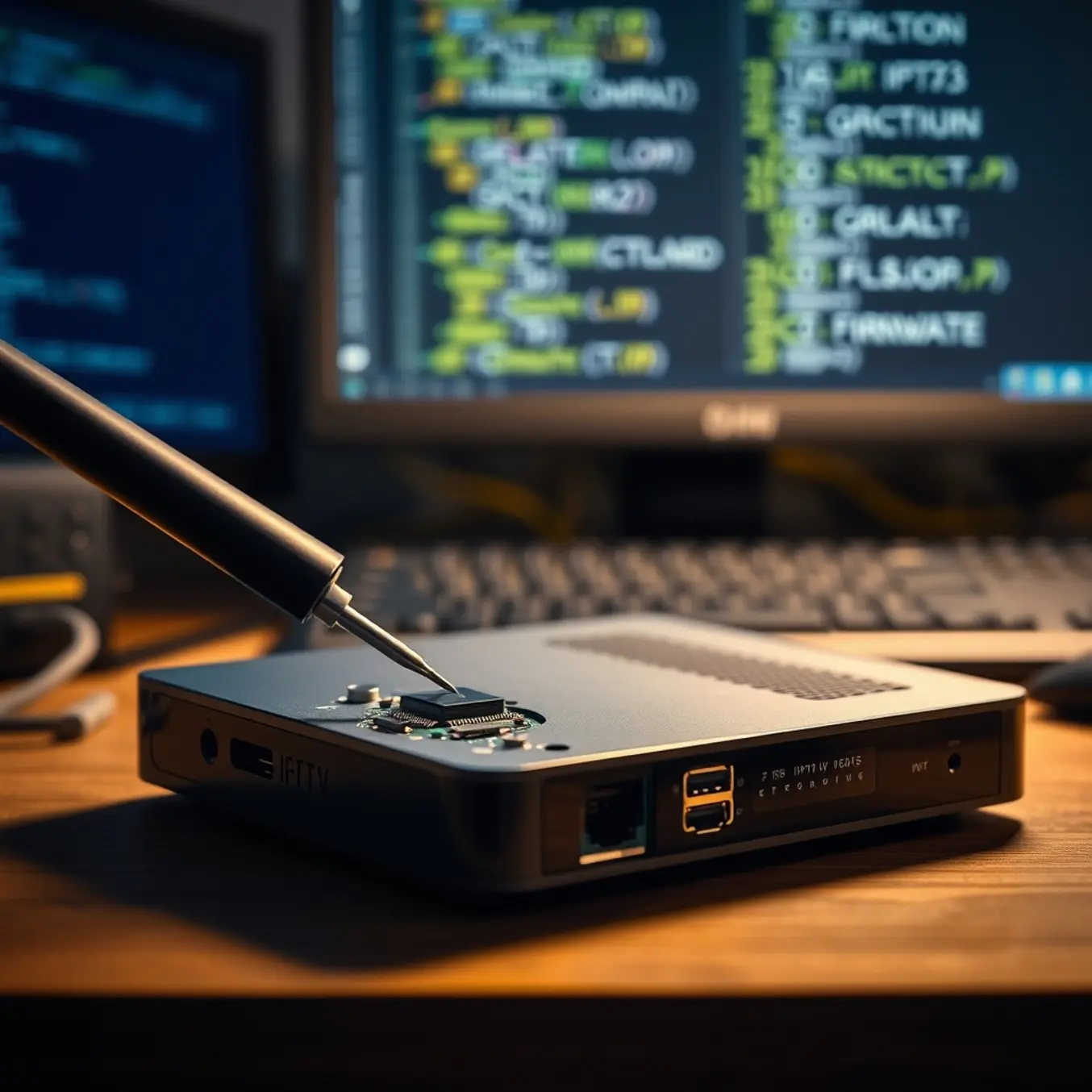 A technician accessing a microchip on an exposed IPTV set-top box's circuit board during firmware work.
