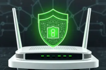 A modern router protected by a glowing, digital firewall shield on a dark tech background.